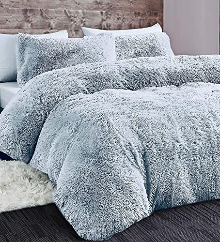 LS Home Laura Secret Set copripiumino in morbido pile a pelo lungo, federa per cuscino, morbido pile in finta pelliccia (argento, matrimoniale)
