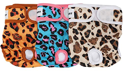Avont Tvättbara blöjor för tikar, återanvändningsbara och hållbara för kvinnliga hundar, hundblöjor, mycket absorberande, 3-pack, M, 33–48 cm midja, leopard