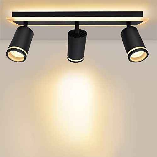 URing LED-Deckenleuchte, 3 Spot, Deckenstrahler, schwenkbar & schwenkbar, LED-Beleuchtung mit Unterlicht, 10 W + 3 x 5 W GU10, 2300 lm, Warmweiß 3000 K, für Küche, Wohnzimmer, Schwarz matt