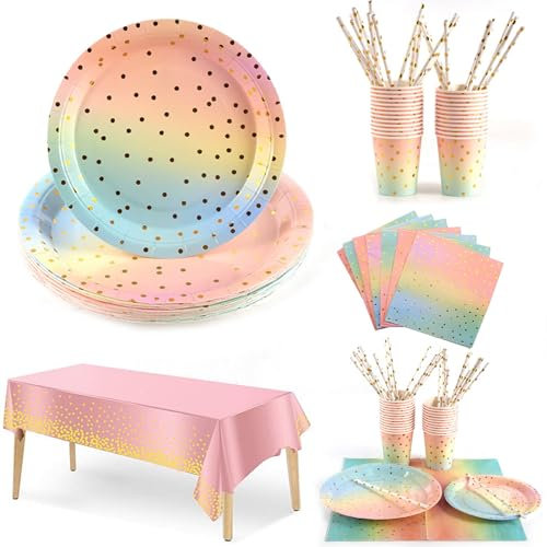 MIZAZBOX 25 Guests Colorful Party Supplies, 126 Pieces Disposable Party Tableware Plates Cups Napkins Straws Table Cloth Dinnerware set for Weddings, Birthday Parties, Graduations
