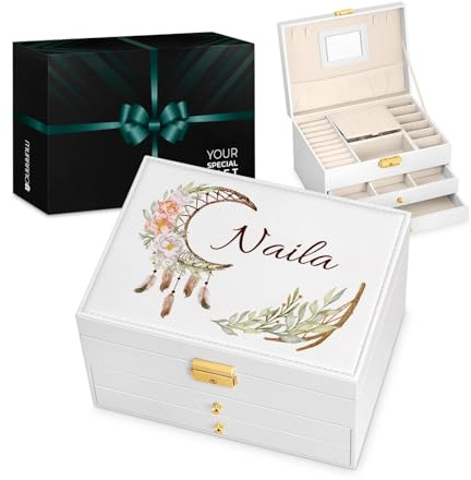 Maverton 3-stöckiges Schmuckkästchen mit Aufdruck - abschließbare Schmuckschatulle mit Spiegel & 2 Schubladen - funktionale Schmuckbox für Mädchen zur Geburt Taufe Erstkommunion - Weiß - Boho