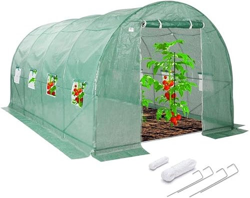 KANWOD Serre de Jardin Tunnel avec Fondation en Acier 4x2,5x2 m, 10 m² avec Porte et 9 Fenêtres, Serre Tomate résistante à l'hiver, Tunnel en Film UV4 140 g/m²