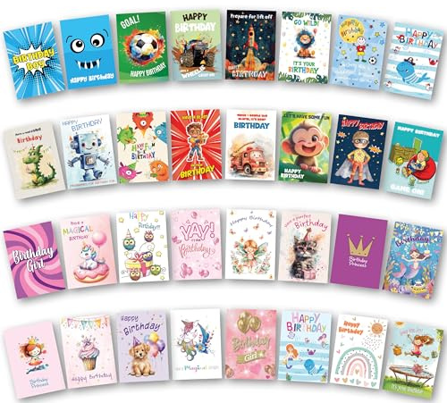 Födelsedagskort för barn, paket med 32. Blandade flick- och pojkkort. Varje flerpack med födelsedagskort innehåller 16 kort för pojkar och 16 kort för flickor. Miljövänlig och tillverkad i