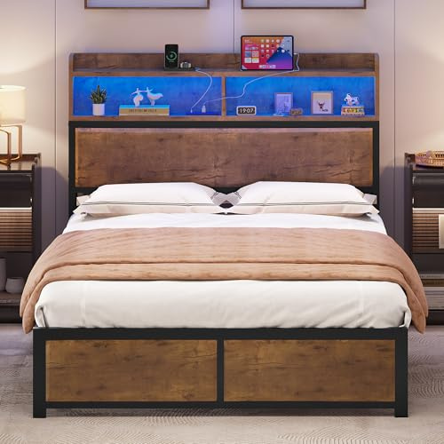 YITAHOME Bed Frame,LED with Headboard,USB Ports & Charging Outlets,Metal Platform Bed Frame with 2 Tiers Storage Shelves, No Box Spring Needed King Size Brown Type