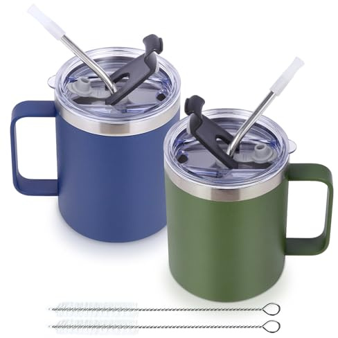 Volhoply 12oz isoliert auslaufsicheren KaffeeBecher mit Schiebe-und Strohhalm Deckel Bulk 2 Pack, Doppelwand 350ml Edelstahl Reise Becher Cup mit Griff, Camping Becher kalt/heiß （Farbe sortiert,2
