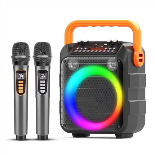 Karaoke-Maschine mit 2 Mikrofonen, tragbarer Sing-Lautsprecher mit Bass-/Höheneinstellung, PA-System mit Fernbedienung, LED-Licht, unterstützt TF-Karte/USB, AUX-Eingang, FM, USB, TWS, für die Party