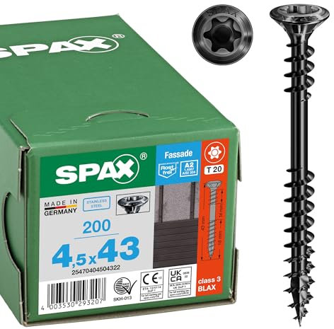 SPAX Lot de 200 vis de façade 4,5 x 43 mm en acier inoxydable A2 BLAX Filetage de fixation T-STAR plus T20 Tête fraisée bombée 4CUT - 25470404504322