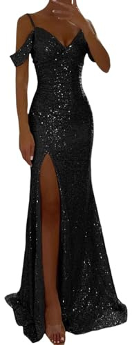 Mymyguoe Robe de Soirée Longue à Paillettes - Épaules Dénudées, Col en V, Scintillante - Pour Bal et Demoiselle d'Honneur
