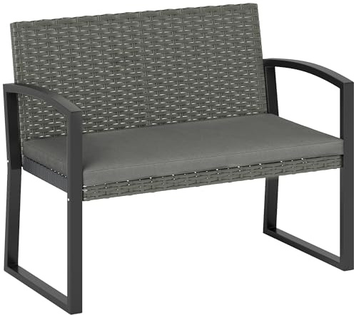 Outsunny 2 Seater Rattan Garden Bench with Cushion Outdoor Bench Light Grey