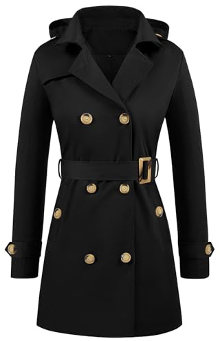 Tuopuda Gabardina Mujer Clásica Doble Botonadura con Cinturón Abrigo Antiviento Chaqueta Impermeable con Capucha Primavera Otoño Slim Fit Trench Coat