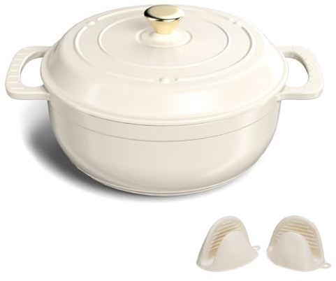 Bonnlo Enameled Cast Iron Round Pot, 27cm/5.6L Dutch Oven Cookware with Lid, Silicone Gloves, Heavy-Duty Pre-Seasoned Cookware for Bread Baking, Braising, Stews, Roasting - White, 6QT