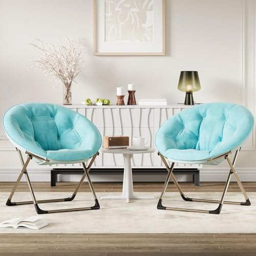 Aptliton Folding Moon Saucer Chair Set of 2, Oversized Plush Lounge Seats with Sturdy Metal Base – Portable Floor Chairs for Bedroom, Dormitory & Living Space (Blue)