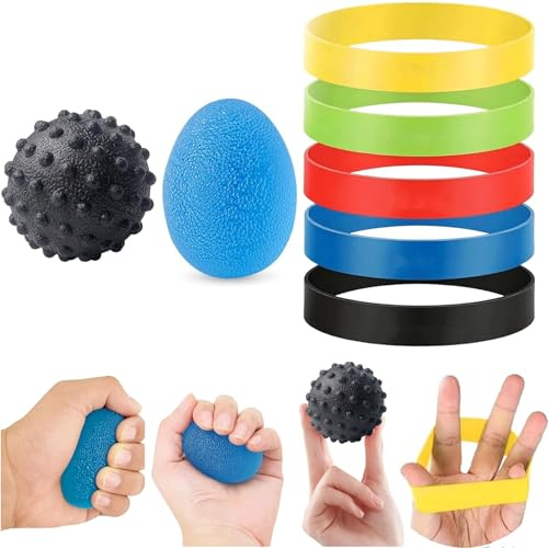7 stycken handtränare fingertränarset – 5 motståndsband för fingrar med äggformade greppbollar och en massageball, handtagstränare för att stärka handlederna och lindra efter arbetsstress