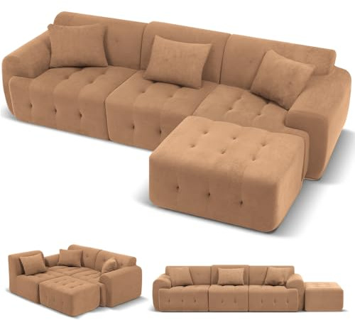 COMHOMA Hörnsoffa, 245 x 60 x 40 cm, Modulär soffa med bäddfunktion, Bäddsoffa, L-formad soffa för vardagsrum, Vakuumförpackad, Flexibelt kombinerbar med ottoman, Brun