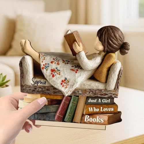Personalized Just A Girl/Boy Who Loves Books,Personalized Wooden Plaque Man Woman Book Lover Reading Book on Sofa,Loves Books Wooden Figurine,Library Decor,Gift for Book Lover (woman,11.8/30cm)