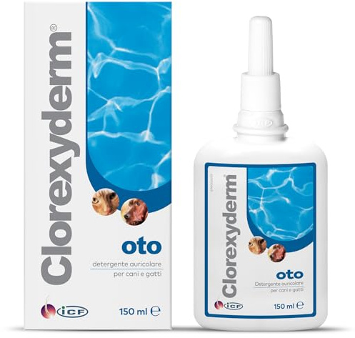 ICF Clorexyderm OTO 150 Millilitri – Soluzione Delicata per la Pulizia delle Orecchie di Cani e Gatti – Rimuove Sporco e Cerume in Eccesso