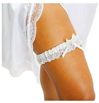 LR Bridal Ivory Wedding Bridal Garter with Rhinestone Satin Bow and lace for Brides