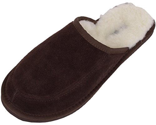 Unisex Suede Mule Slipper with Full Wool Lining and Hard Sole - Brown UK Size 10