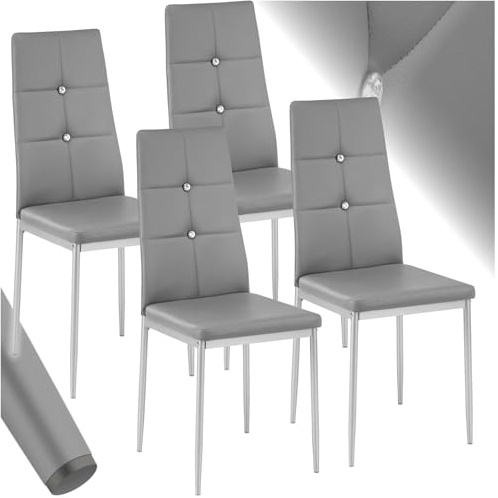 tectake® 4er Set Stühle Esszimmer, 4X bequemer Stuhl Kunstleder mit Glitzersteinen, Esszimmerstühle, Polsterstuhl für Wohnzimmer, Dining Table, Küchentisch, Essstühle, hohe Rückenlehne - grau