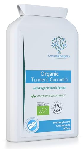 Organic Turmeric Curcumin 1000mg daily dose (2 capsules of 500mg per day) plus Organic Black Pepper - High Potency - 120 Veg Capsules - UK Made, Certified Organic - Suitable for Vegetarians and Vegans