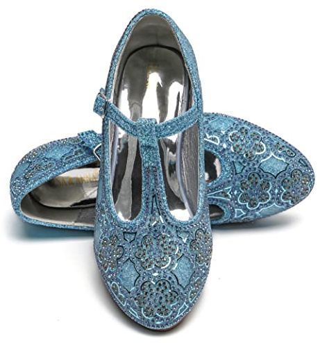 ELSA & ANNA Zapatos de princesa niña - 3 cm tacón - Zapatos de fantasía con brillos y cristales - Para fiestas, cumpleaños y cosplay - Tacones niña princesa (BLU22)