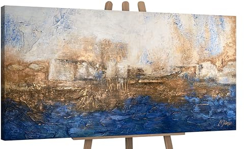 YS-Art Cuadro pintura abstracta hecho a mano Ultramar Pintado en acrílico azul oscuro con dorado Decoración Arte moderno 140x70 cm