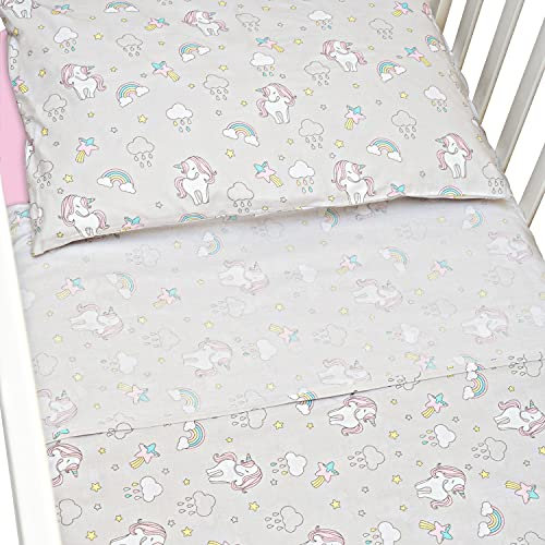 CangooCare® - Juego de sábanas de 3 piezas para cuna de bebé, Montessori, 70 x 140 cm, 1 sábana bajera con esquinas, 1 sábana encimera, 1 funda de almohada, 100% algodón, diseño de unicornios