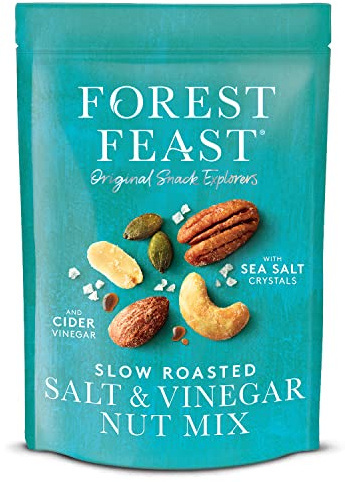 FOREST FEAST Långsamt rostat salt och vinägernötsblandning 8 x 120 g | havssalt och cidervinäger rostad nötblandning med cashewnötter, mandlar, jordnötter, pekannötter och pumpafrön | veganskt mellanmål