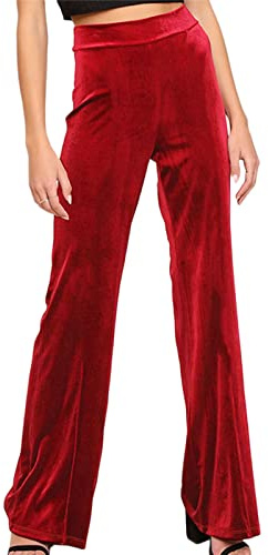 PDYLZWZY Pantalones de yoga de terciopelo para mujer, cintura alta, pierna ancha, pantalones de chándal Comfy Palazzo Lounge con bolsillos, rojo, XL