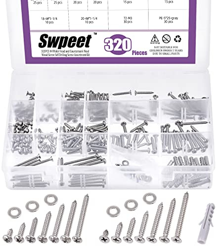 Swpeet Lot de 320 vis autotaraudeuses rapides pour cloison sèche en acier inoxydable 304 avec rondelles plates et chevilles pour cloison sèche