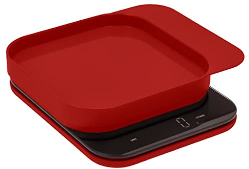 Rosti Mensura Küchenwaage, Haushaltswaage, Backwaage, Digitale Küchenwaage mit Schüssel und Tara-Funktion, Maximalgewicht 10 kg, 16,5 x 20,3 x 3,5 cm, Rot