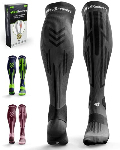 Feel Recovery 1 Paar Sport Kompressionssocken Herren/Damen - Kompressionsstrümpfe Laufen, Crossfit, Fußball - Elastische Cuffed Socken Laufen und Sport - Hohe Socken mit Atmungsaktiver Merinowolle