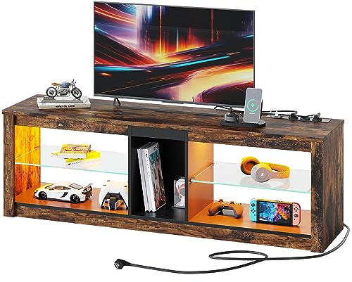 Bestier TV-Schrank mit Steckdosen, Lowboard für 65 Zoll & kleinere TVs, 140 x 35 x 47 cm, Fernsehschrank mit RGB-LED-Leuchten, 3 Steckdosen und 2 USB Ladeanschluss für Wohnzimmer, Dunkelbraun