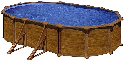 Planet Pool Stahlwandpool oval High Line 610x375x132 cm, Stahl 0,45 mm Holzoptik, Folie 0,4 mm blau, Overlap