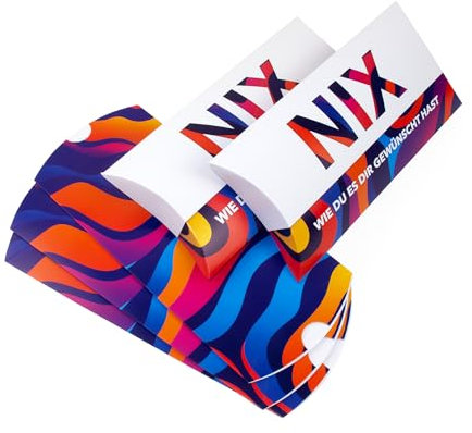 NIX Geschenk Kissenschachtel groß (25 x 12cm) | 5 Stück Geldgeschenk Verpackung für Geburtstag, Hochzeit | Lustige Geschenke für Männer und Frauen (Bunt NIX)