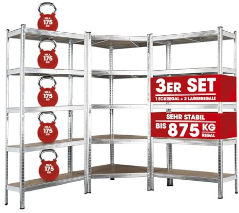 EASYmaxx Schwerlastregal 180x90x40 cm | Eckregal & 2 Lagerregal | 2625 kg Traglast, 175 kg pro Ebene | Regal und Werkbank | Kellerregal, Lagerregal mit 15 verstellbaren Ablagen