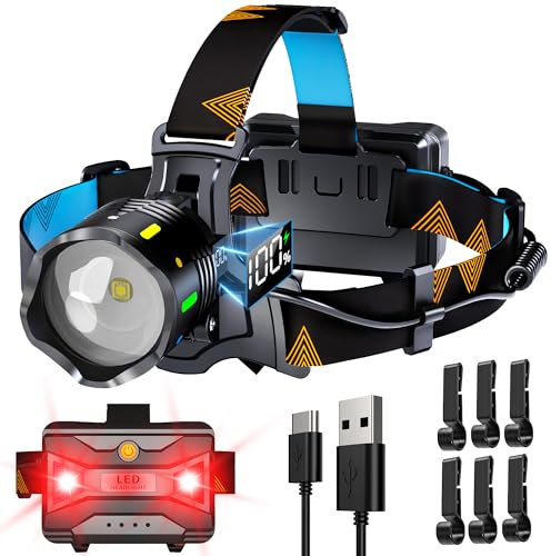 XILUO 160000Lux 11 Modi Stirnlampe Rote Warnung und Sensor, 90H Standy 125° Einstellbare und Zoomable Kopflampe, Stirnlampe Led Wiederaufladbar Wasserdicht IP44 für Angeln Camping Wandern Laufen
