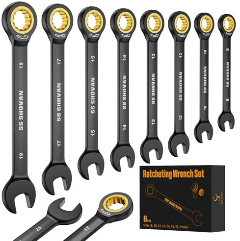 ss shovan 8PCS Ratchet Spanner Set 8-19mm, Combination Spanner Set with 72 Tooth Ratchet Gear, Chrome Vanadium Steel Hand Tools with Storage Box, Metric Size 8, 10, 12, 13, 14, 15, 17, 19mm