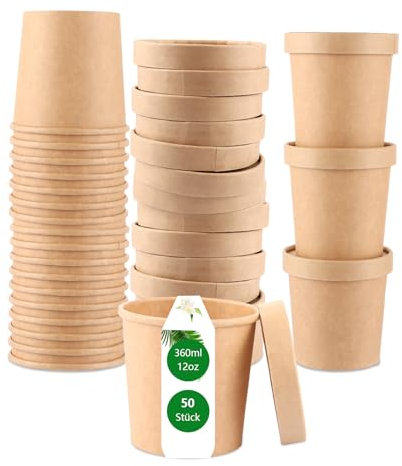 APACALI 50 vasos de papel con tapa, 360 ml, 12 onzas, vasos de cartón con tapa, vasos de papel para helados, sopa, microondas y congelador, color marrón