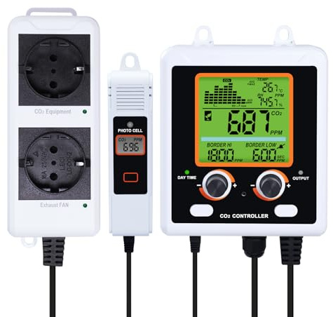 Controller CO2 Controllo Anidride Carbonica Misuratore CO2 Giorno e Notte Sensore NDIR CO2 Funzione di Controllo Doppia con Sensore CO2 a 4.5 metri per Sala di Crescita, Tenda di Crescita, Serra