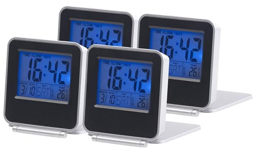 PEARL Wecker mit Thermometer: 4er-Set kompakte Digital-Reisewecker mit Thermometer, Kalender & Timer (Wecker mit Timer, mit Raumthermometer)