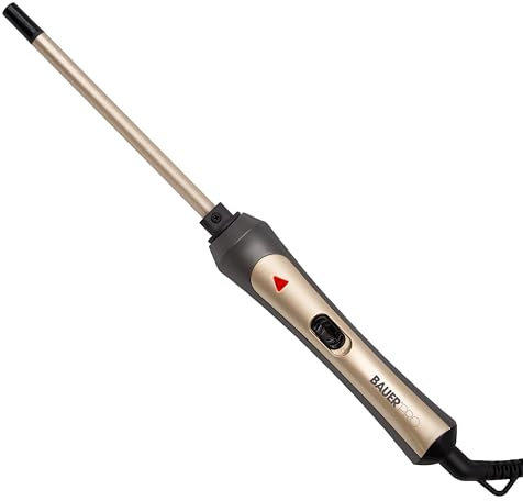 Bauer Professional TourmaPro Slimline Curling Wand/Ultra Slim 9mm Barrel / 200° Heat, 360° Swivel Cord and Cool Touch Tip/Grey & Gold