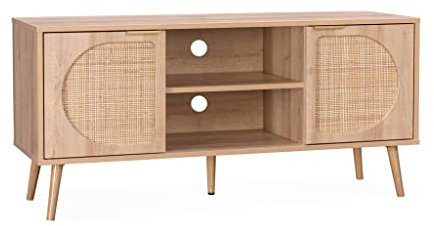 Alice's Home - Meuble TV. Eva. décor Bois et cannage Arrondi 2 Portes. 1 étagère L120 x l39 x H56.5cm