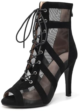 ZYXWVU Stivali da Ballo Latino Americano Donna Punta Aperta Allacciati Stivali da Ballo Salsa e Bachata con Tacco 9.5cm Nero, 38 EU