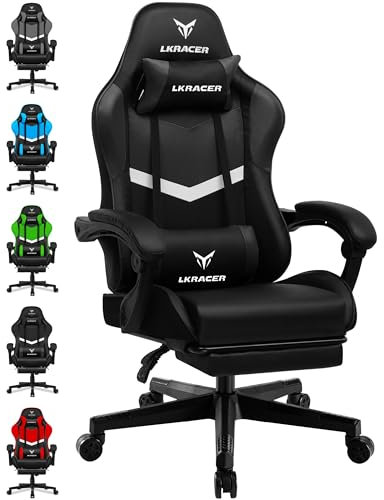 LUCKRACER Gaming Stuhl mit fußstütze Bürostuhl Ergonomisch mit verstellbare Lendenkissen, Kopfkissen Gaming Chair,Höhenverstellbarer Gamer Stuhl, 150 kg Belastbarkeit, Schwarz