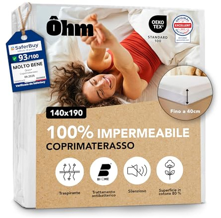 Ôhm Protege Matelas 140x190 Imperméable Coton Anti-Acariens Oeko-Tex | Alèse imperméable TPU silencieuse, bonnet 40 cm, 80% coton hypoallergénique, élastique renforcé (drap-housse), lavable 60°C