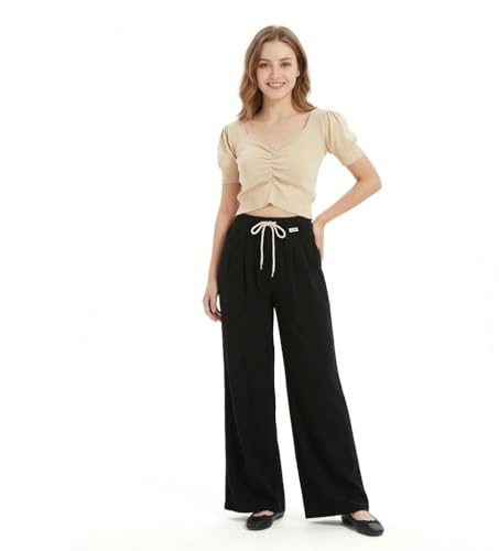 GLOWELFA Pantalon Fluide Femme Été Jambe Large Taille Haute Élastique avec Cordon Style Palazzo Léger Respirant Confortable Noir (G8555,XL,Noir)