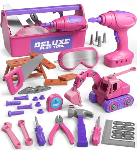 Lehoo Castle Cassetta Attrezzi Bambini con Trapano Giocattolo ＆ Mini Banco da Lavoro ＆ Escavatore Giocattolo per Bambini, Regalo di Ruolo Montessori da 3 4 5 6 Anni Ragazzi Ragazze (Rosa)