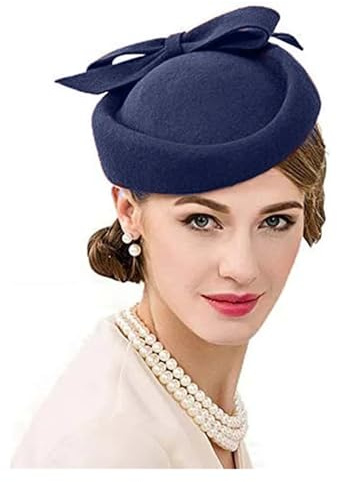 GHHZML Casquete Tocado Tocados de Iglesia for Mujer, Sombreros Vintage Tipo Pastillero for Bodas, Fiestas té, Fedora Fieltro Rojos for Damas(Deep Blue)