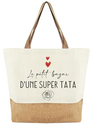 Tarklanda Cadeau Tata Sac Jute Tote Bag Femme, Sac Cabas de Plage Courses Coton et Jute, Cadeaux pour Tata Annonce Grossesse Tante, Cadeau pour Anniversaires, Fête des Mères